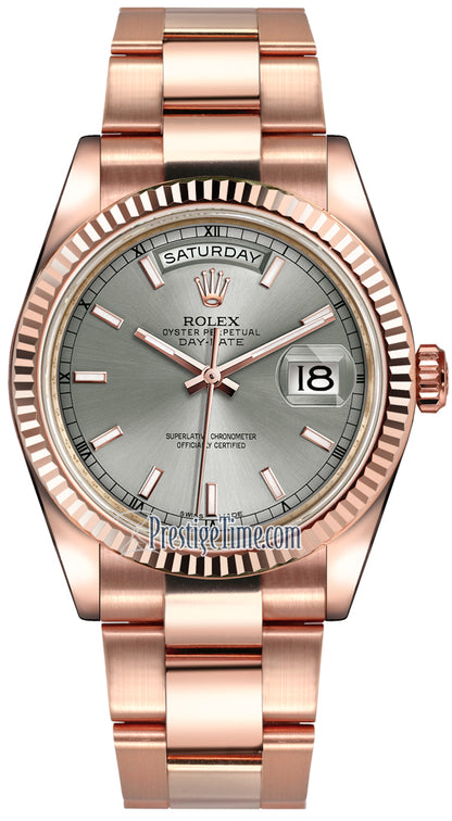 Rolex Day-Date 36mm Everose Gold Fluted Bezel 118235 Rhodium Index Oyster