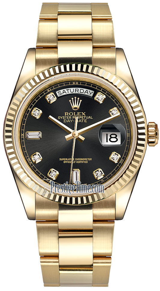 Rolex Day-Date 36mm Yellow Gold Fluted Bezel 118238 Black Diamond Oyster