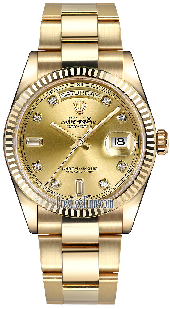 Rolex Day-Date 36mm Yellow Gold Fluted Bezel 118238 Champagne Diamond Oyster