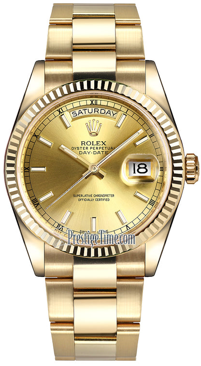 Rolex Day-Date 36mm Yellow Gold Fluted Bezel 118238 Champagne Index Oyster