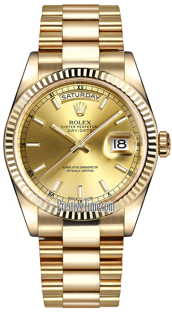 Rolex Day-Date 36mm Yellow Gold Fluted Bezel 118238 Champagne Index President