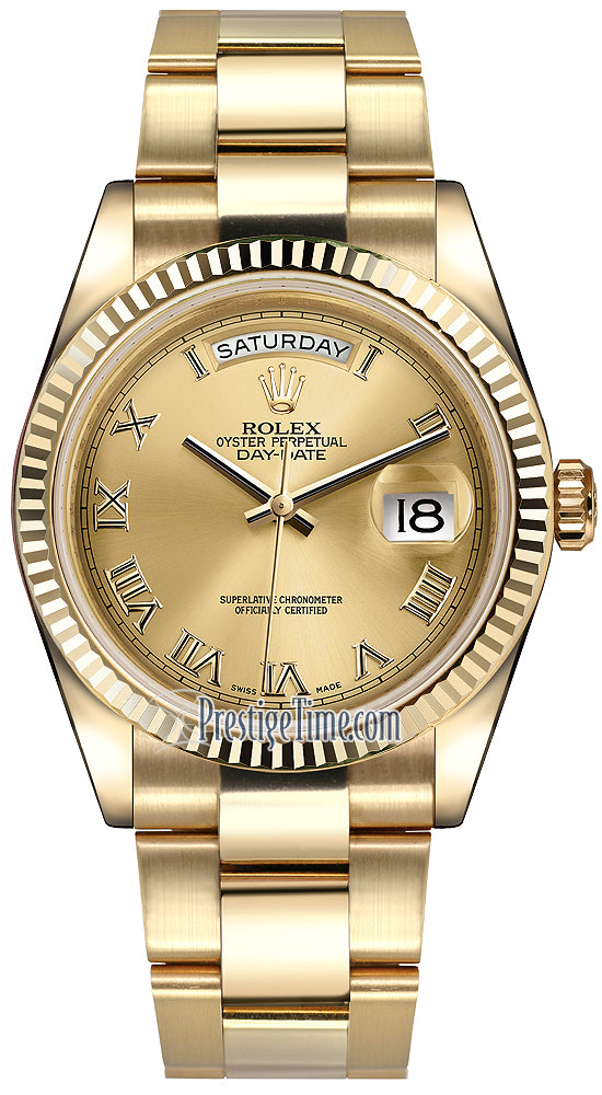 Rolex Day-Date 36mm Yellow Gold Fluted Bezel 118238 Champagne Roman Oyster