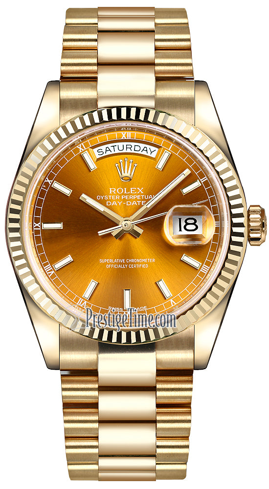 Rolex Day-Date 36mm Yellow Gold Fluted Bezel 118238 Cognac Index President