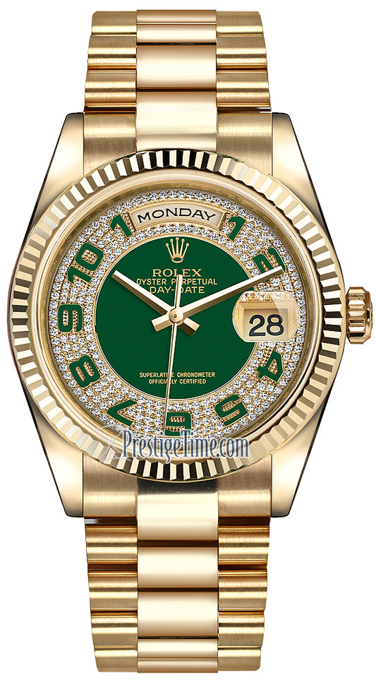 Rolex Day-Date 36mm Yellow Gold Fluted Bezel 118238 Green Pave Diamond Arabic President