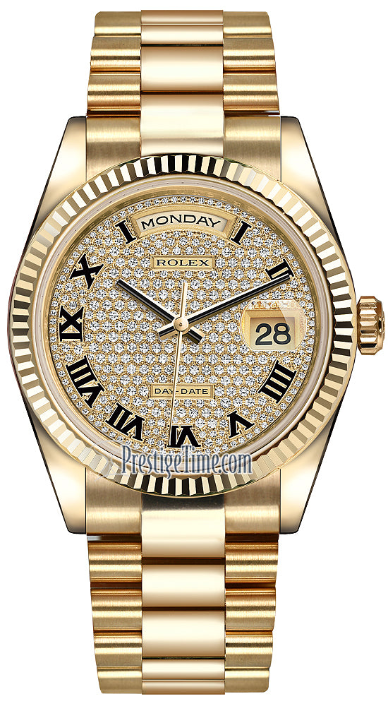 Rolex Day-Date 36mm Yellow Gold Fluted Bezel 118238 Pave Diamond Black Roman President