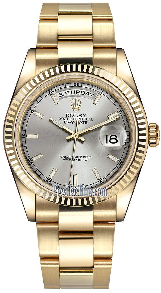 Rolex Day-Date 36mm Yellow Gold Fluted Bezel 118238 Silver Index Oyster