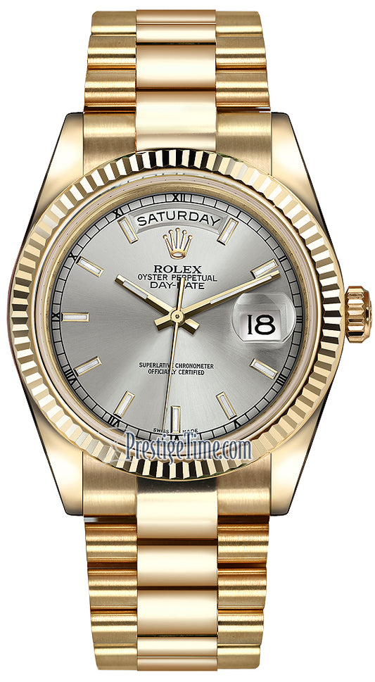 Rolex Day-Date 36mm Yellow Gold Fluted Bezel 118238 Silver Index President