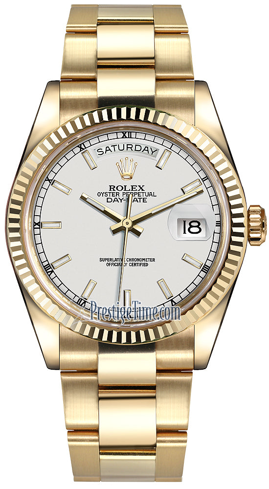 Rolex Day-Date 36mm Yellow Gold Fluted Bezel 118238 White Index Oyster