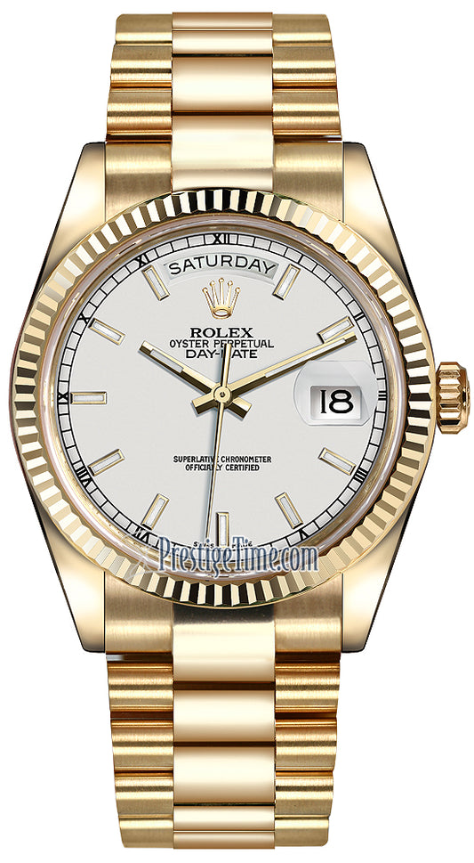 Rolex Day-Date 36mm Yellow Gold Fluted Bezel 118238 White Index President