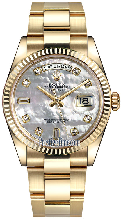 Rolex Day-Date 36mm Yellow Gold Fluted Bezel 118238 White MOP Diamond Oyster