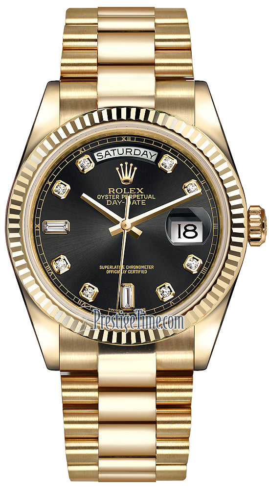 Rolex Day-Date 36mm Yellow Gold Fluted Bezel 118238 Black Diamond President