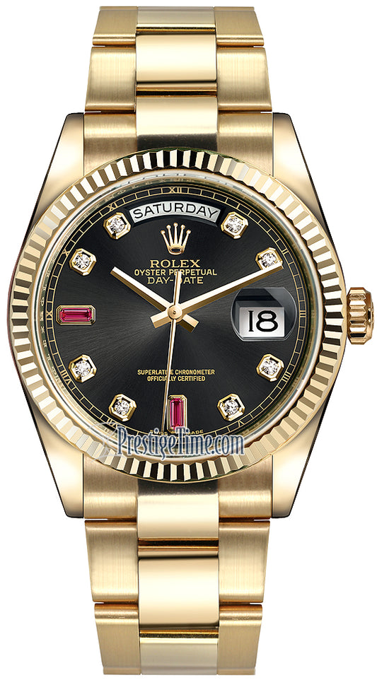 Rolex Day-Date 36mm Yellow Gold Fluted Bezel 118238 Black Diamond Ruby Oyster