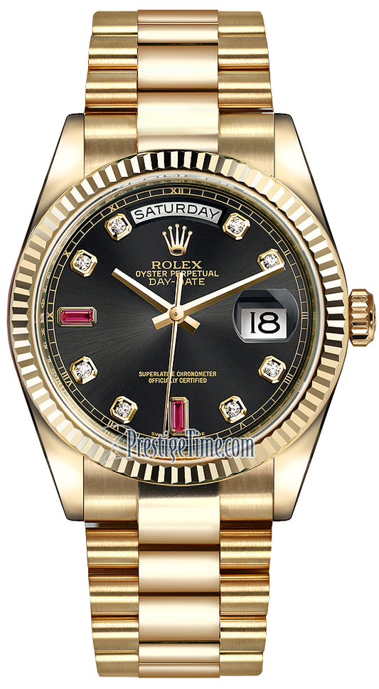 Rolex Day-Date 36mm Yellow Gold Fluted Bezel 118238 Black Diamond Ruby President