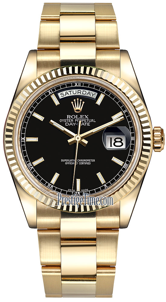 Rolex Day-Date 36mm Yellow Gold Fluted Bezel 118238 Black Index Oyster