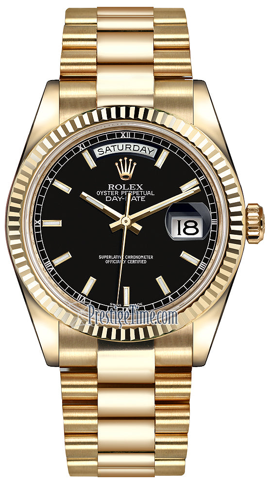 Rolex Day-Date 36mm Yellow Gold Fluted Bezel 118238 Black Index President