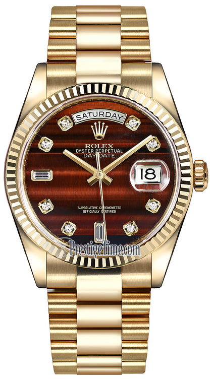 Rolex Day-Date 36mm Yellow Gold Fluted Bezel 118238 Bulls Eye Diamond President