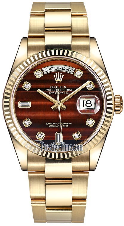 Rolex Day-Date 36mm Yellow Gold Fluted Bezel 118238 Bulls Eye Diamond Oyster