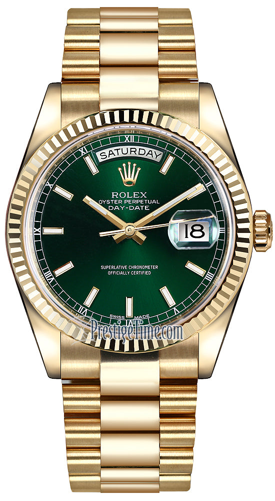 Rolex Day-Date 36mm Yellow Gold Fluted Bezel 118238 Green Index President