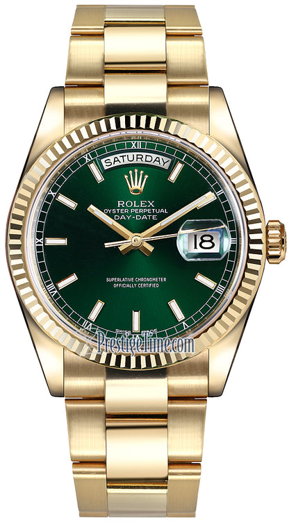 Rolex Day-Date 36mm Yellow Gold Fluted Bezel 118238 Green Index Oyster