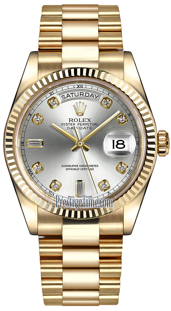 Rolex Day-Date 36mm Yellow Gold Fluted Bezel 118238 Silver Diamond President