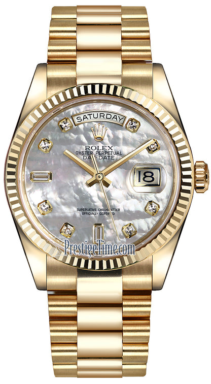 Rolex Day-Date 36mm Yellow Gold Fluted Bezel 118238 White MOP Diamond President