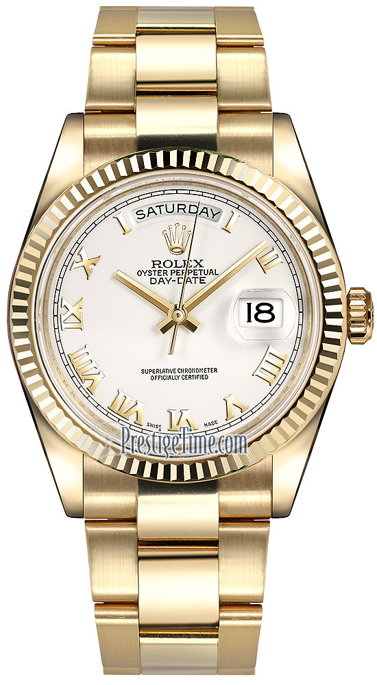 Rolex Day-Date 36mm Yellow Gold Fluted Bezel 118238 White Roman Oyster