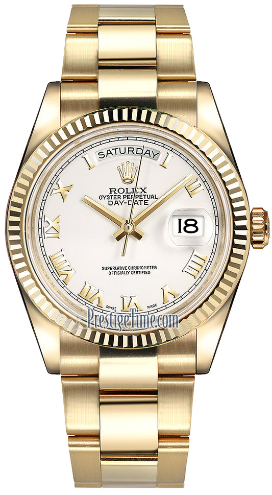 Rolex Day-Date 36mm Yellow Gold Fluted Bezel 118238 White Roman Oyster