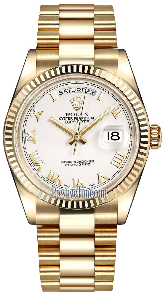 Rolex Day-Date 36mm Yellow Gold Fluted Bezel 118238 White Roman President