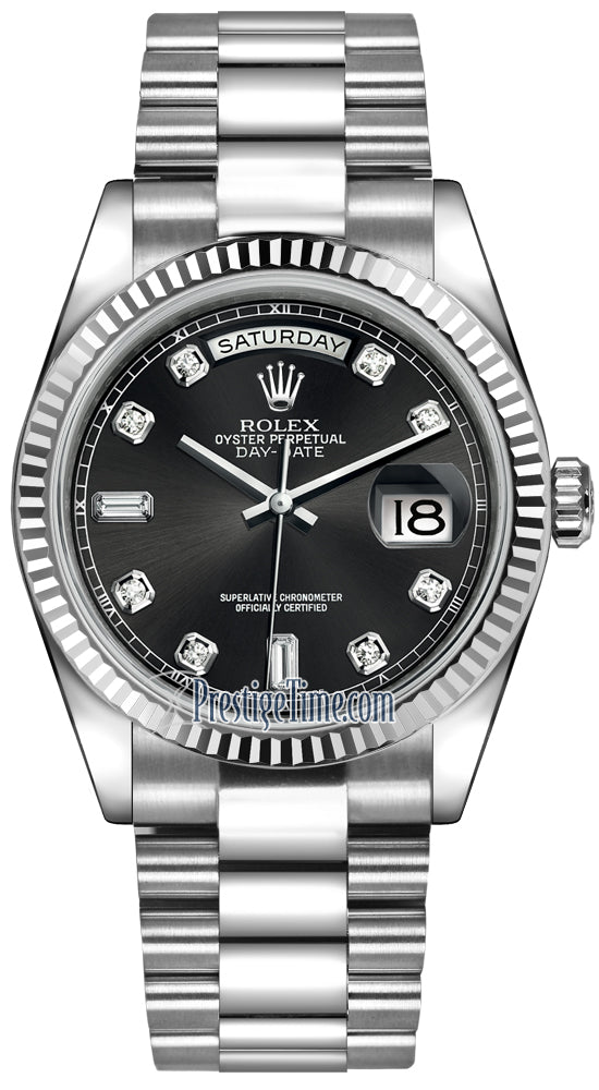 Rolex Day-Date 36mm White Gold Fluted Bezel 118239 Black Diamond President