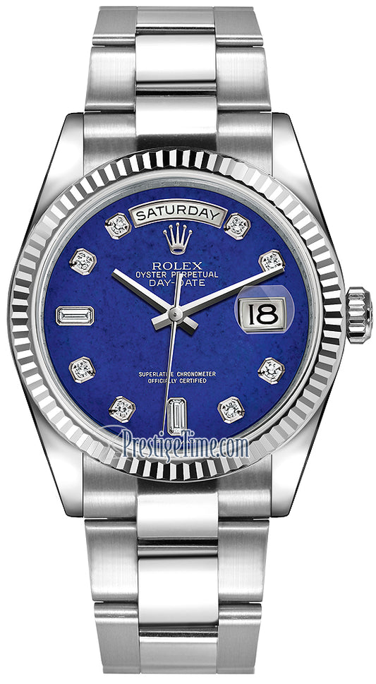 Rolex Day-Date 36mm White Gold Fluted Bezel 118239 Lapis Lazuli Diamond Oyster