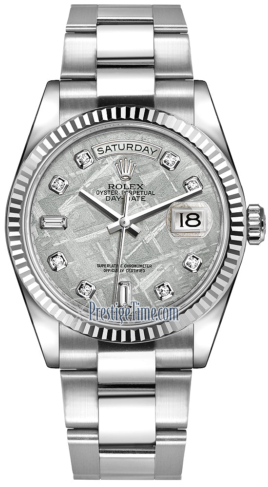 Rolex Day-Date 36mm White Gold Fluted Bezel 118239 Meteorite Diamond Oyster