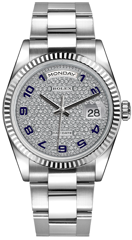 Rolex Day-Date 36mm White Gold Fluted Bezel 118239 Pave Diamond Blue Arabic Oyster