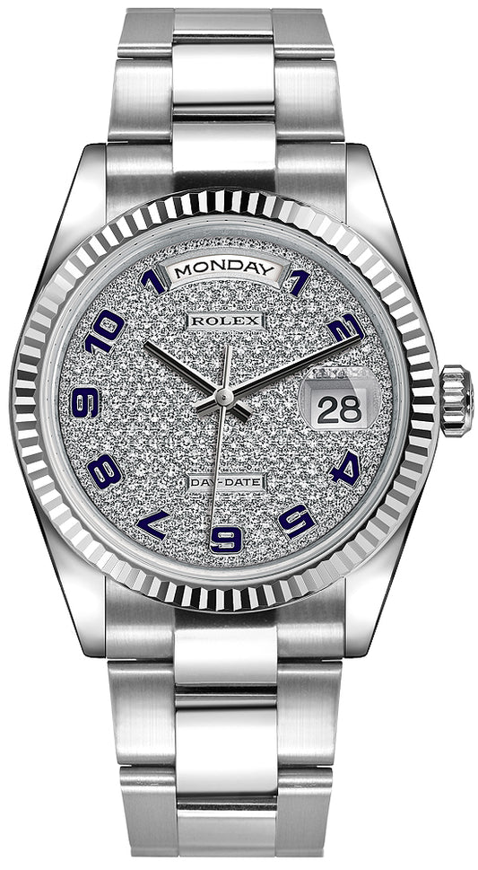 Rolex Day-Date 36mm White Gold Fluted Bezel 118239 Pave Diamond Blue Arabic Oyster