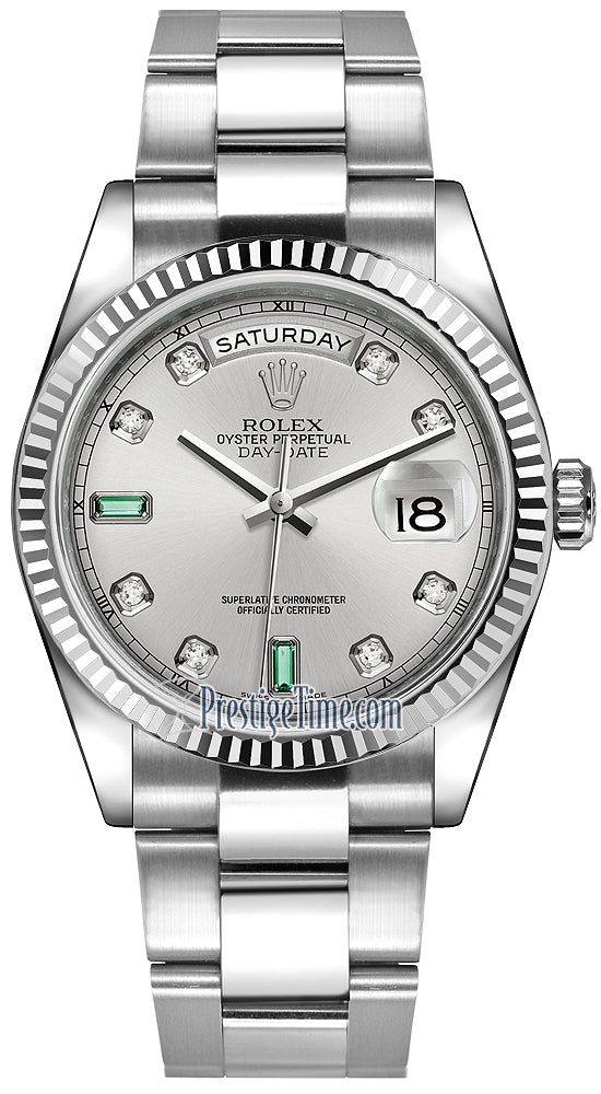 Rolex Day-Date 36mm White Gold Fluted Bezel 118239 Rhodium Diamond Emerald Oyster