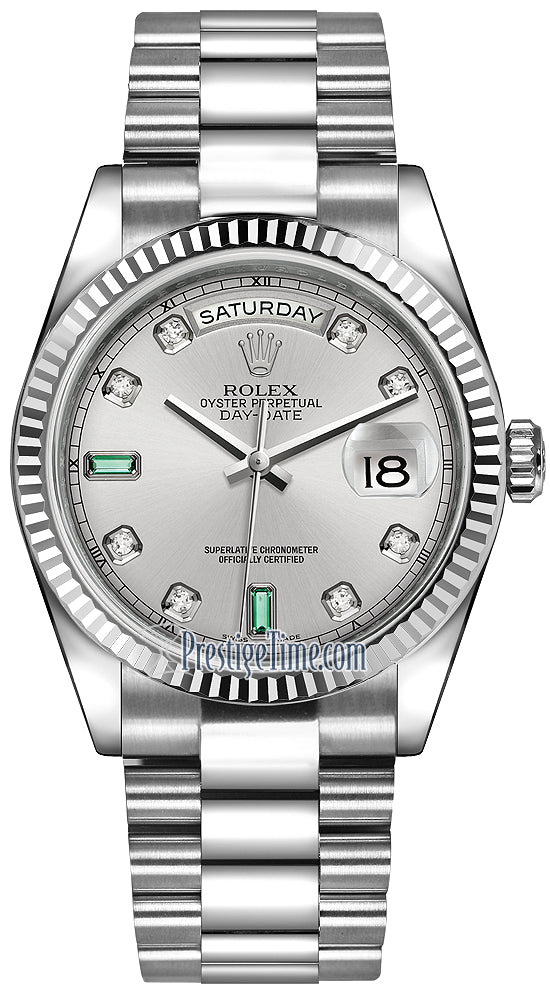 Rolex Day-Date 36mm White Gold Fluted Bezel 118239 Rhodium Diamond Emerald President