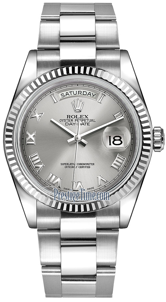 Rolex Day-Date 36mm White Gold Fluted Bezel 118239 Rhodium Roman Oyster