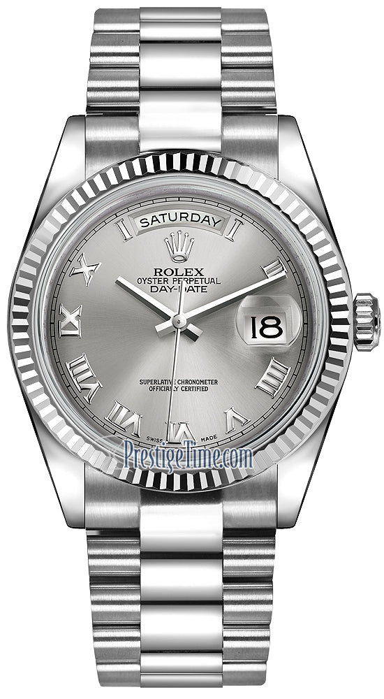 Rolex Day-Date 36mm White Gold Fluted Bezel 118239 Rhodium Roman President