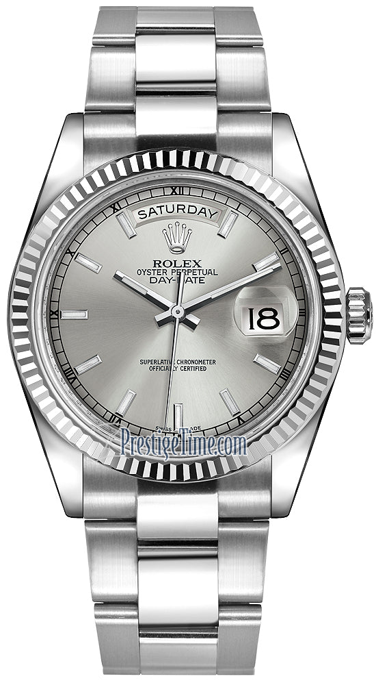 Rolex Day-Date 36mm White Gold Fluted Bezel 118239 Silver Index Oyster