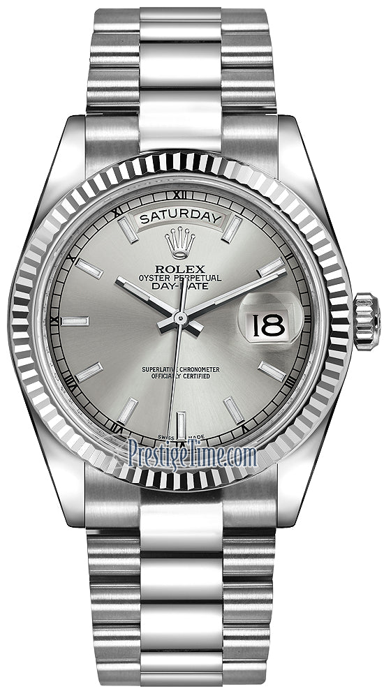 Rolex Day-Date 36mm White Gold Fluted Bezel 118239 Silver Index President