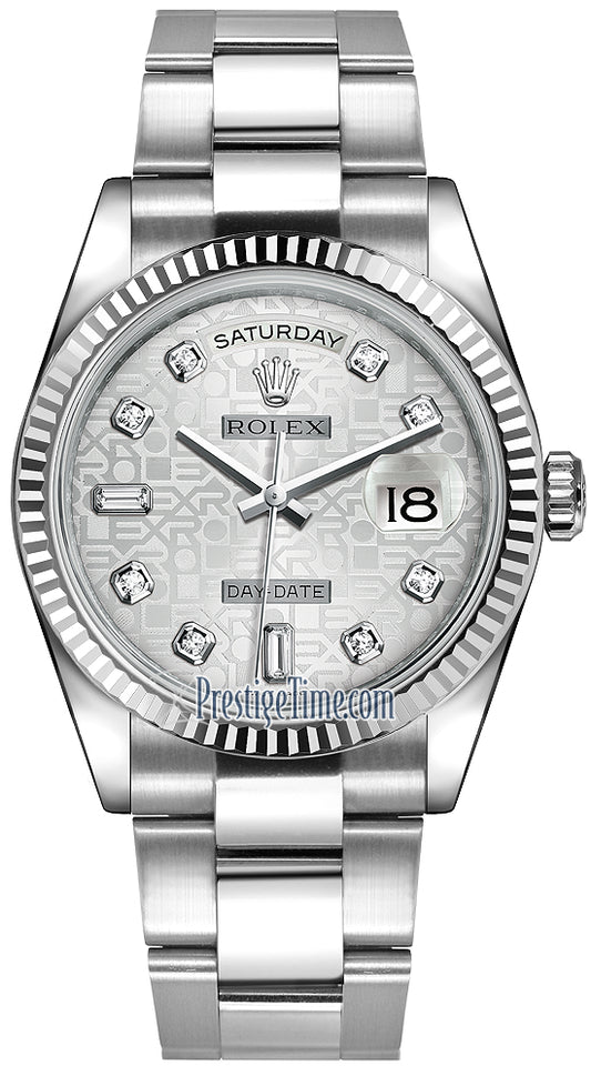 Rolex Day-Date 36mm White Gold Fluted Bezel 118239 Silver Jubilee Diamond Oyster