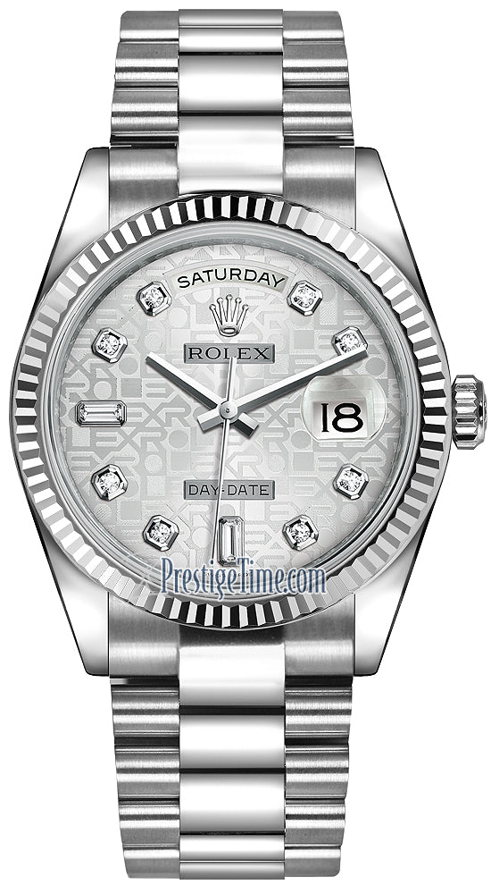 Rolex Day-Date 36mm White Gold Fluted Bezel 118239 Silver Jubilee Diamond President