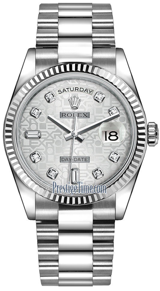 Rolex Day-Date 36mm White Gold Fluted Bezel 118239 Silver Jubilee Diamond President