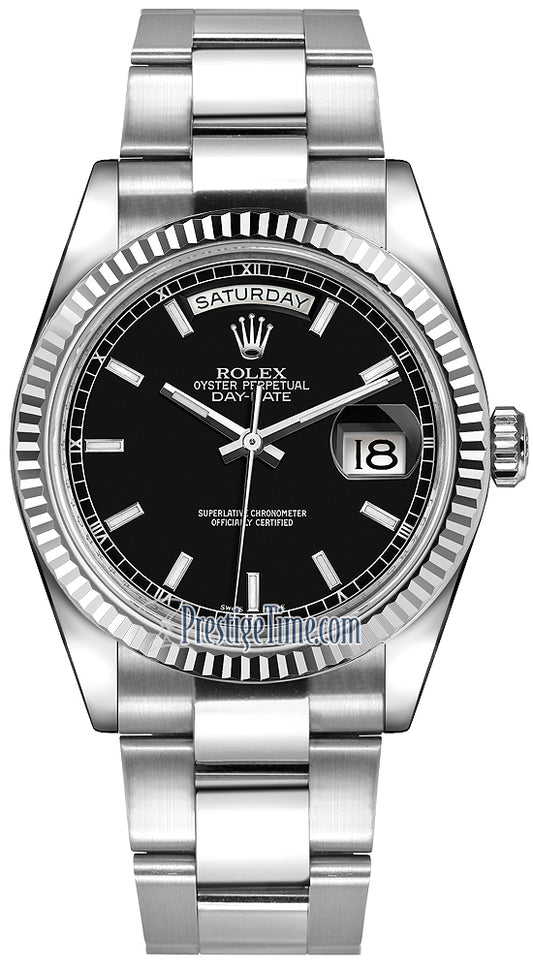 Rolex Day-Date 36mm White Gold Fluted Bezel 118239 Black Index Oyster