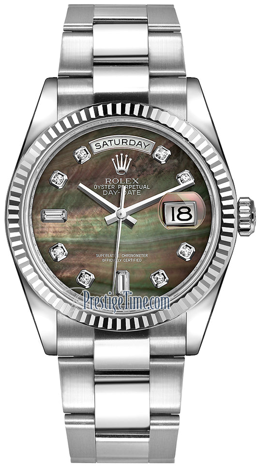 Rolex Day-Date 36mm White Gold Fluted Bezel 118239 Black MOP Diamond Oyster