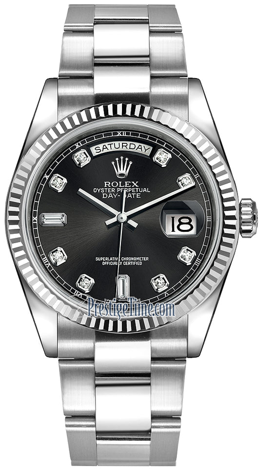 Rolex Day-Date 36mm White Gold Fluted Bezel 118239 Black Diamond Oyster