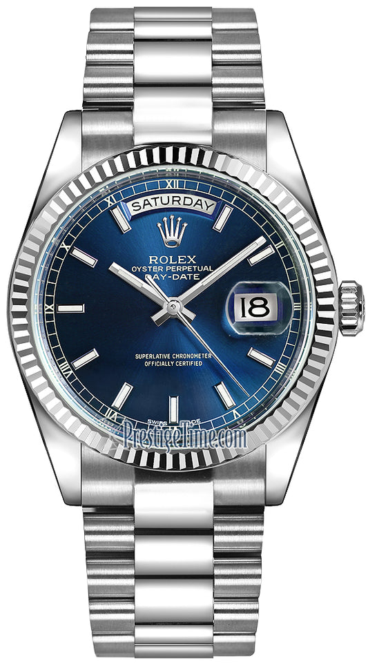 Rolex Day-Date 36mm White Gold Fluted Bezel 118239 Blue Index President