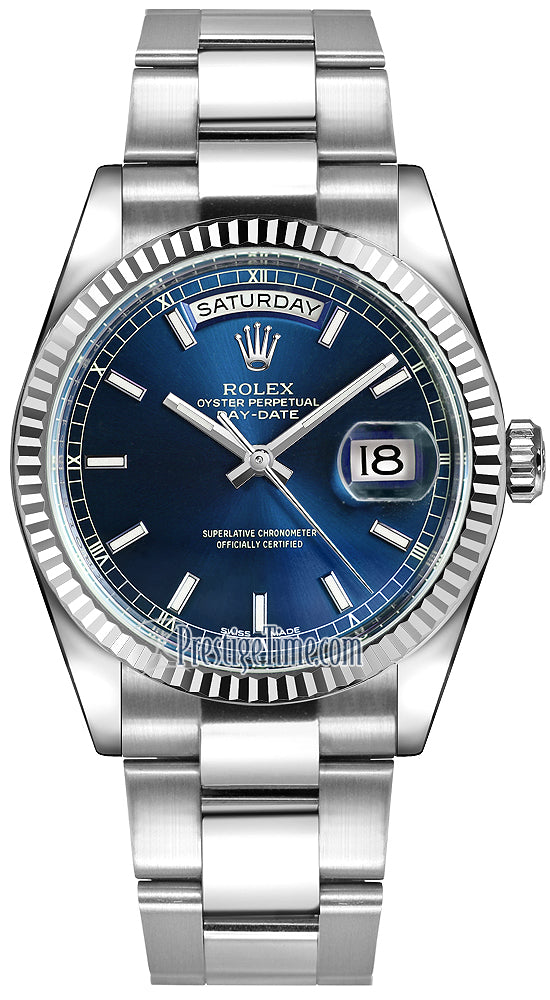 Rolex Day-Date 36mm White Gold Fluted Bezel 118239 Blue Index Oyster