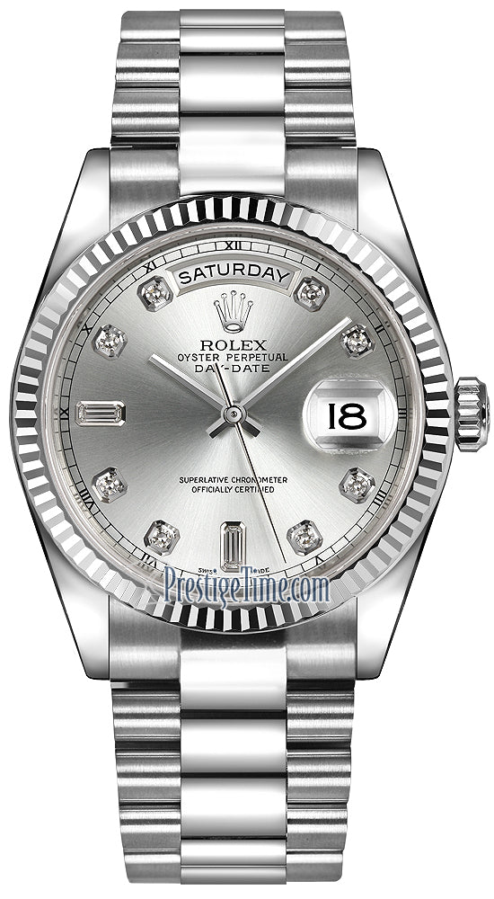 Rolex Day-Date 36mm White Gold Fluted Bezel 118239 Silver Diamond President