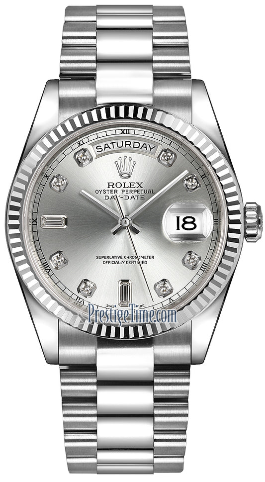 Rolex Day-Date 36mm White Gold Fluted Bezel 118239 Silver Diamond President