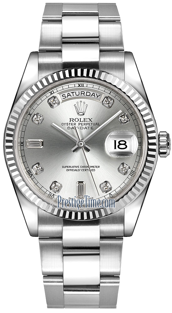 Rolex Day-Date 36mm White Gold Fluted Bezel 118239 Silver Diamond Oyster